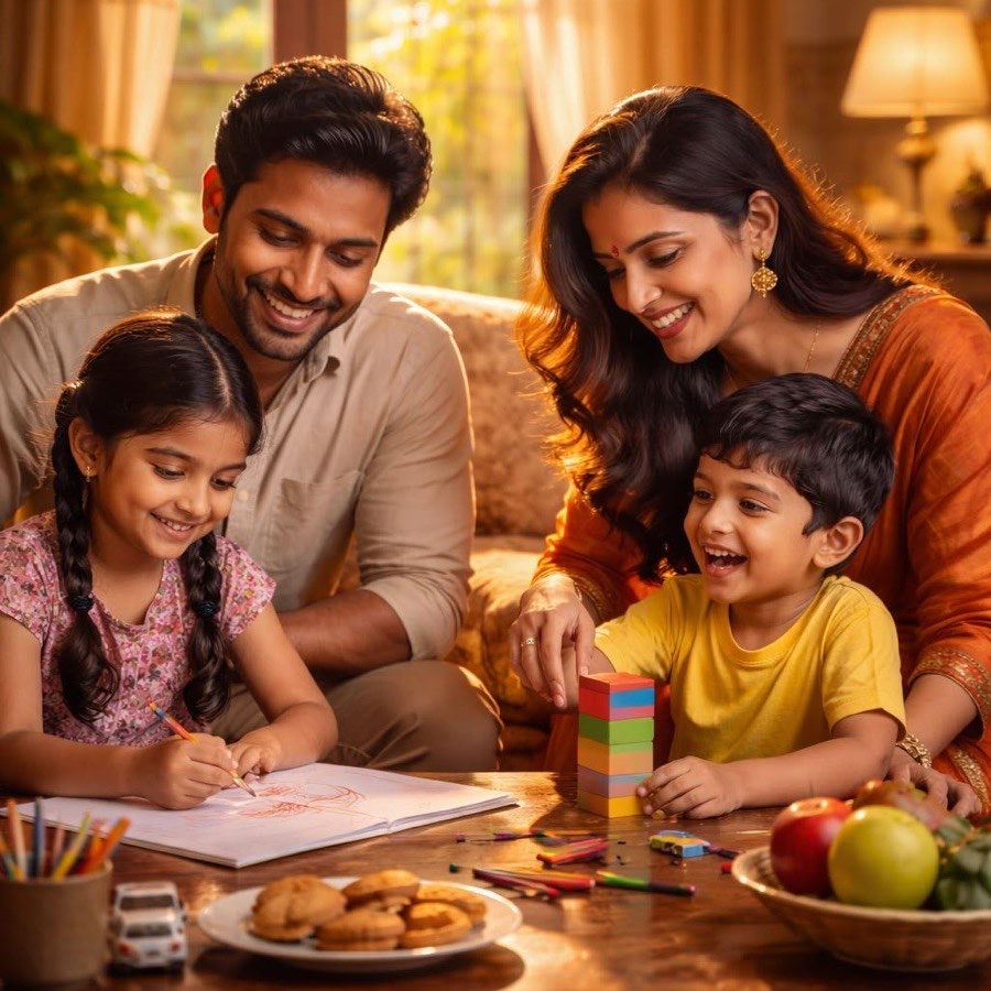 A family at home planning their finances together
